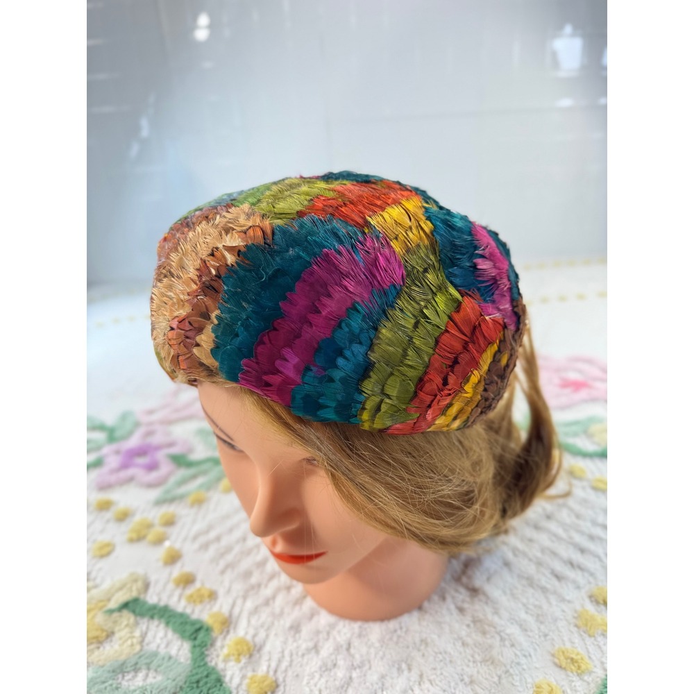 Vintage Mr Josephs New York Feather Pillbox Hat Multi Color Rainbow Mid Century